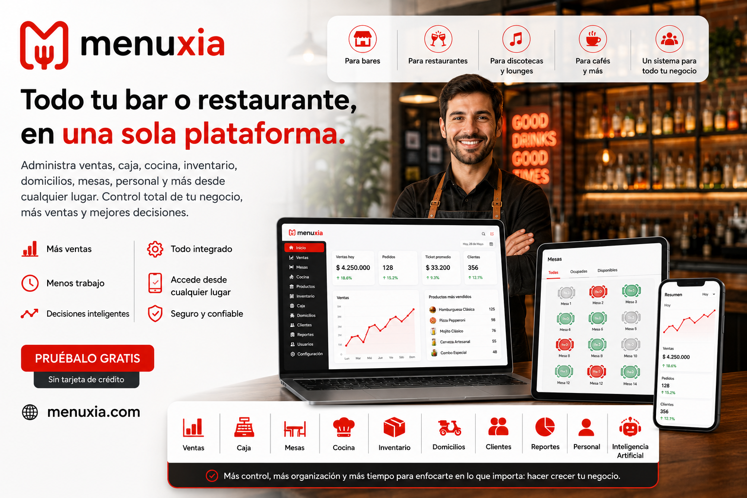 Menuxia: ventas, caja, cocina, inventario, reportes y menú digital con QR para restaurantes y bares.